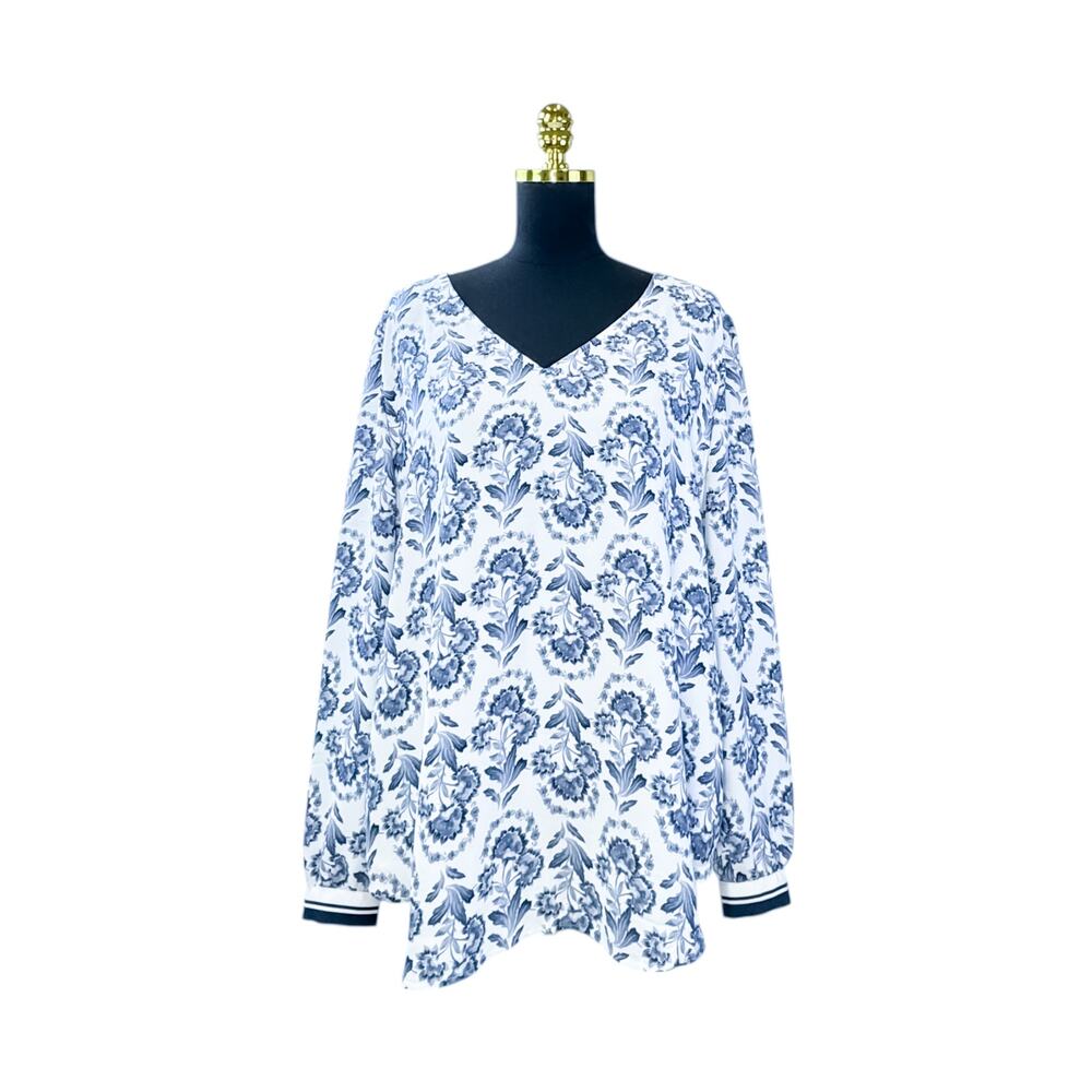 LOFT Blue Floral Long Sleeve Blouse - Size XL